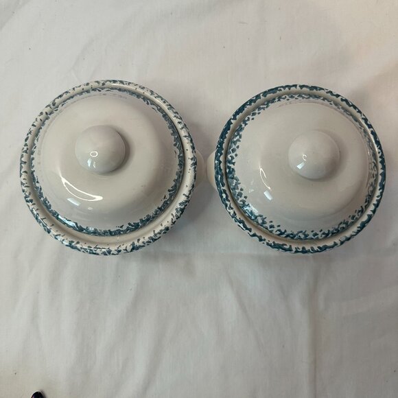 Corelle Inspired Blue Heart Stoneware Soup, Chili 2-Crocks Spongeware Vintage - Picture 4 of 13